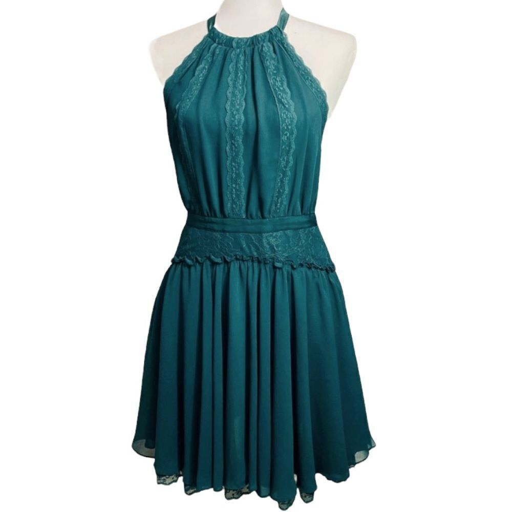 Y2K Victoria's Secret Forest Green Lace Halter Open Back‎ Mini Dress 2 Feminine